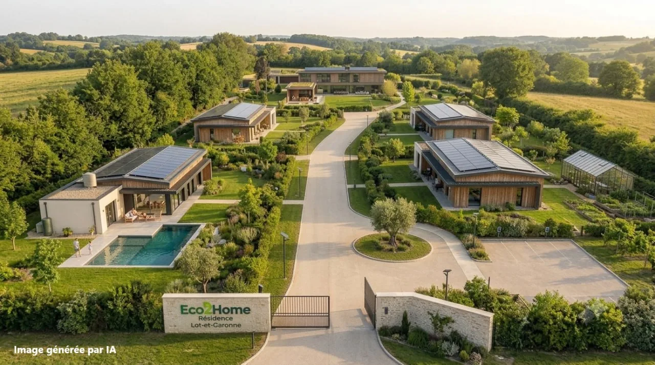 Projection du Domaine de l'Olivier, en Lot-et-Garonne : portail d'entrée, allée centrale, cinq parcelles privatives de 1 000 m² et piscine. Vue d'artiste d'un projet non encore réalisé, générée par IA.