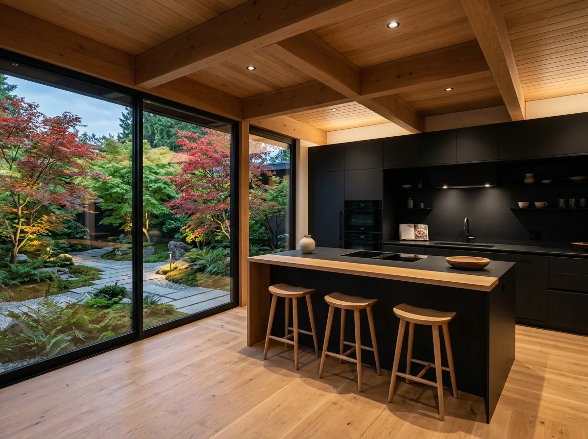 Cuisine ouverte aux façades noires mates, îlot central avec plan de travail en bois clair et trois tabourets, four encastré et grande baie vitrée donnant sur un jardin d'érables. Image générée par IA.