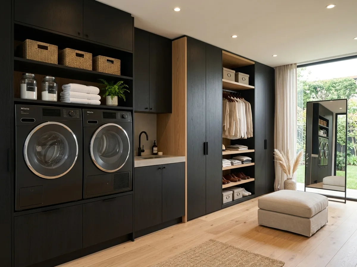 Buanderie intégrée aux façades noires : lave-linge et sèche-linge côte à côte, plan de travail avec évier, dressing ouvert avec penderie et étagères, miroir sur pied. Image générée par IA.