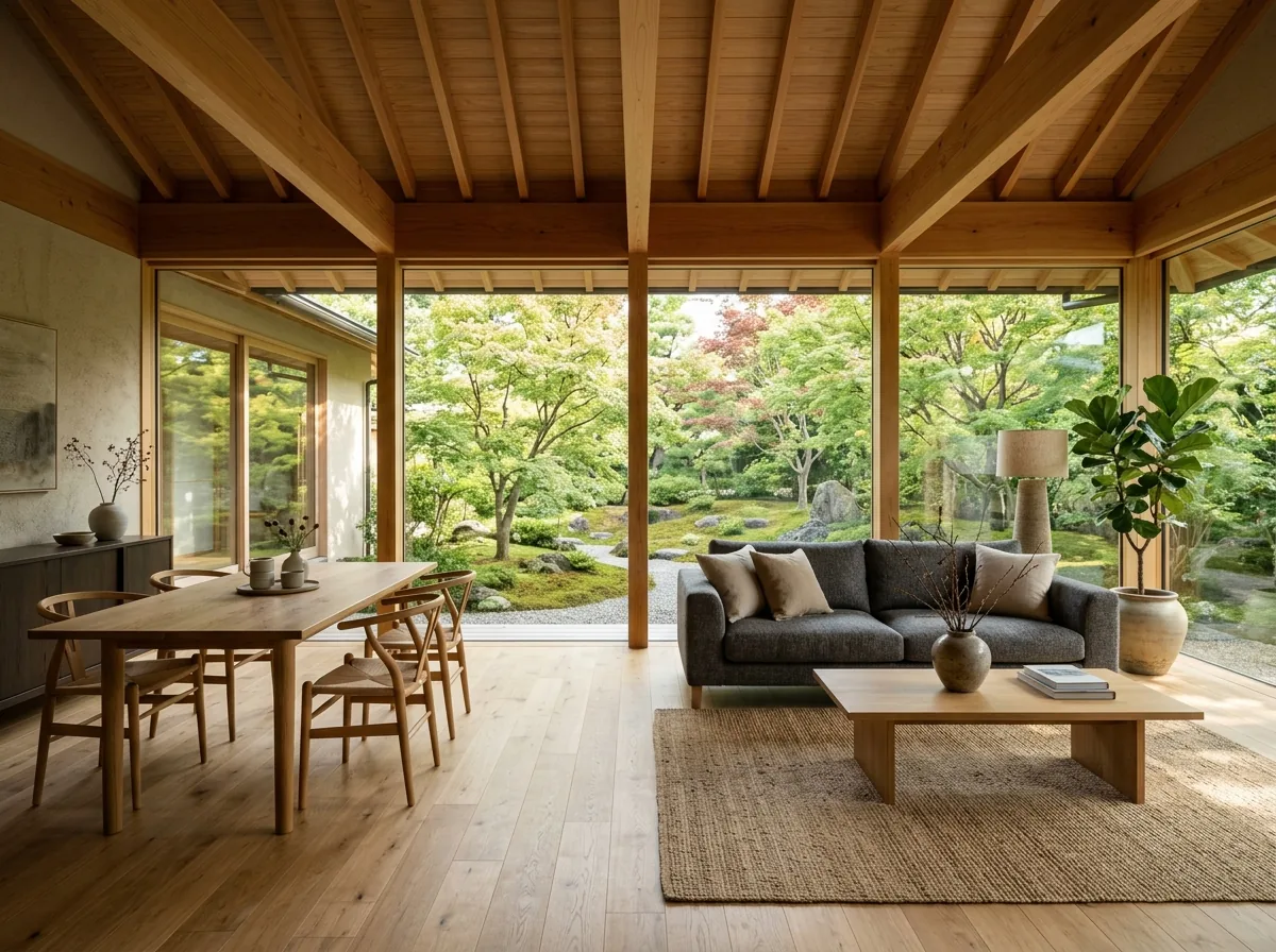 Salon et salle à manger en enfilade sous une charpente en bois apparente : canapé d'angle gris, table à manger en chêne, tapis en fibres naturelles et baies vitrées ouvertes sur un jardin arboré. Image générée par IA.