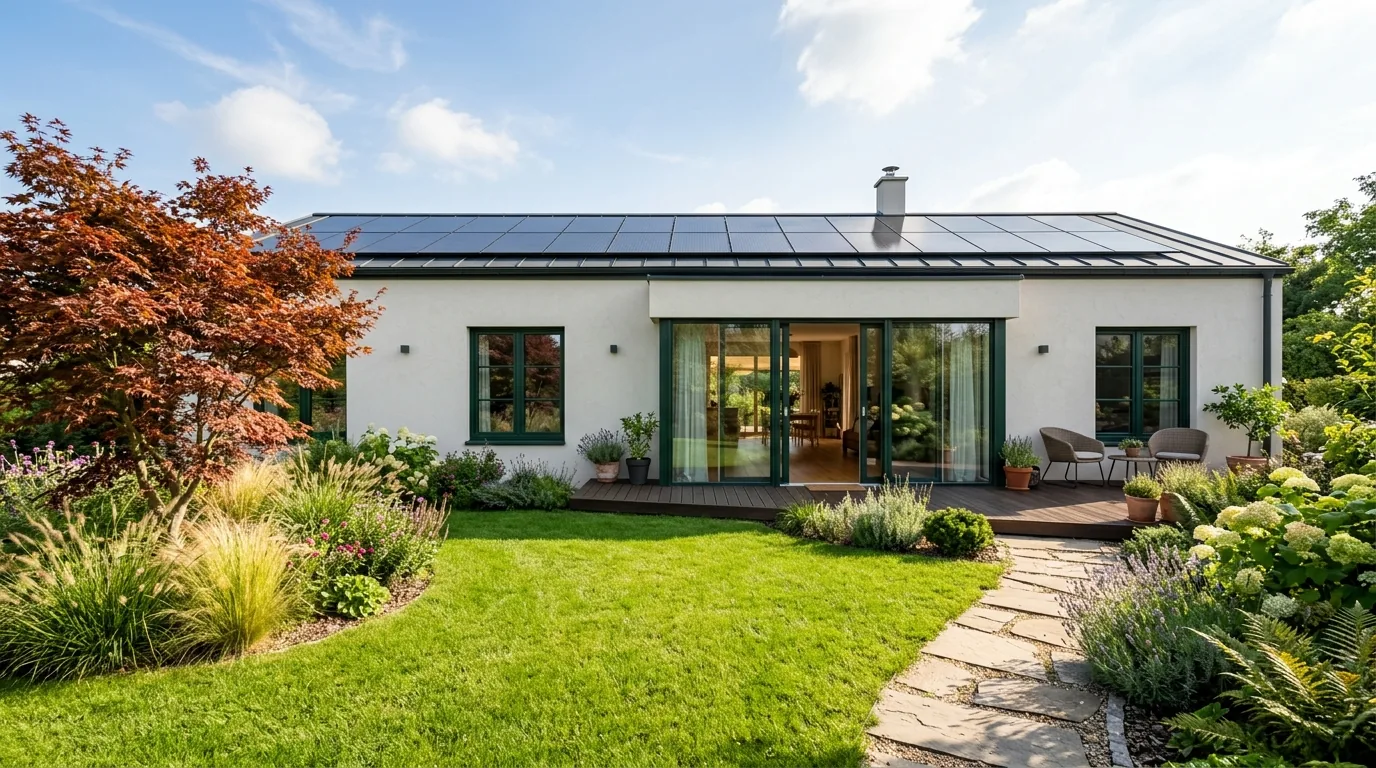 Concept architectural autonome Eco2Home : maison de plain-pied, toiture entièrement couverte de panneaux solaires, grandes baies vitrées ouvrant sur une terrasse en bois et un jardin paysager. Image générée par IA.